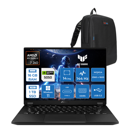Tuf Gaming A14 Ryzen 7 260 16GB LPDDR5X 1tb SSD 8GB/RTX5050/105W WIN11PRO 14" 2.5k Wqxga IPS SRGB:%100 165Hz Mux Switch Yapay Zeka Destekli Taşınabilir Bilgisayar FA401UHP02 +Zettaçanta