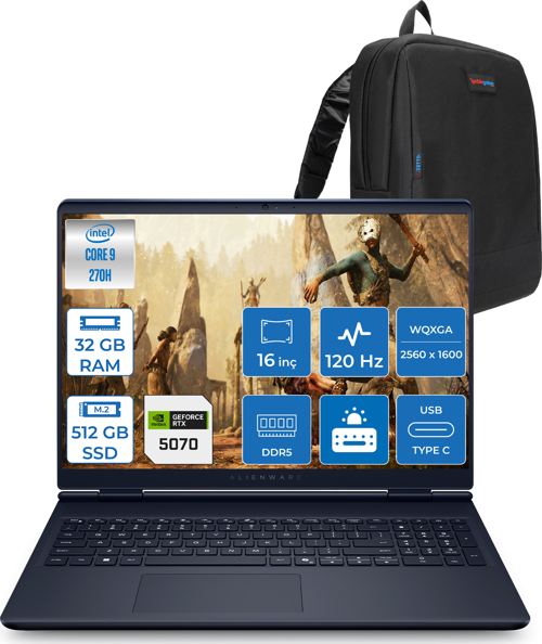 Alienware 16 Aurora Intel Core I9-270H Aı 32GB GB 512GB SSD 8GB/RTX5070 Gddr7 115W 16" 2.5k 2560 x 1600 Wqxga 120Hz Freedos Taşınabilir Bilgisayar WAC16250-C932157F09+ZETTAÇANTA