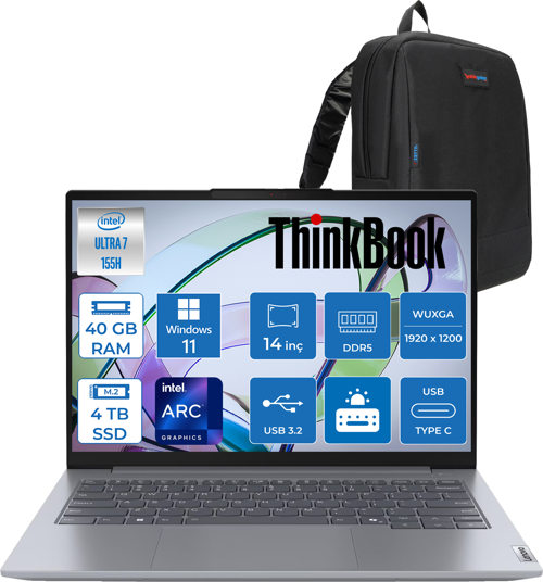 Thinkbook 14 G7 Iml Intel Ultra 7 155H 40GB Ddr5 4tb SSD Intel® Aı Boost 14" Wuxga 300NITS IPS Windows 11 Pro Taşınabilir Bilgisayar 21MR0050TRP20 + Zetta Çanta
