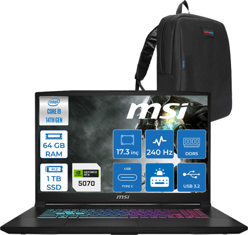 Katana 17 Hx B14WGK-048XTR 14. Nesil Intel İ9-14900HX 64GB Ddr5 1tb SSD 8GB/RTX5070 115W 17.3" Qhd (2560*1440), 240Hz IPS Freedos Gaming Bilg. W048XTRF18+ZETTAÇANTA
