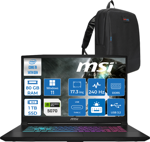 Katana 17 Hx B14WGK-048XTR 14. Nesil Intel İ9-14900HX 80GB Ddr5 1tb SSD 8GB/RTX5070 115W 17.3" Qhd (2560*1440), 240Hz IPS Windows 11 Home Gaming Bilg. W048XTRH23+ZETTAÇANTA