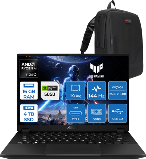 Tuf Gaming A14 Ryzen 7 260 16GB LPDDR5X 4tb SSD 8GB/RTX5050/105W Freedos 14" 2.5k Wqxga IPS SRGB:%100 165Hz Mux Switch Yapay Zeka Destekli Taşınabilir Bilgisayar FA401UHF04 +Zettaçanta