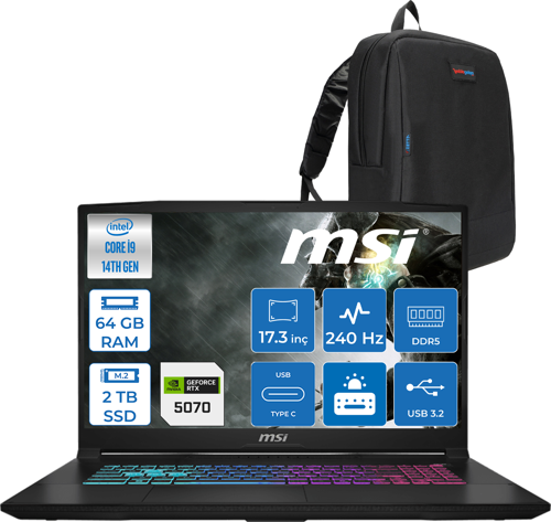 Katana 17 Hx B14WGK-048XTR 14. Nesil Intel İ9-14900HX 64GB Ddr5 2tb SSD 8GB/RTX5070 115W 17.3" Qhd (2560*1440), 240Hz IPS Freedos Gaming Bilg. W048XTRF19+ZETTAÇANTA