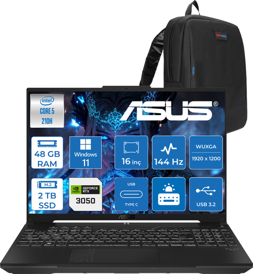 Tuf Gaming F16 FX607VJ Intel Core I5-210H 48GB 2tb SSD RTX3050 6gb 16 Inç Wuxga 144Hz IPS Windows 11 Home Gaming Notebook RL033H29 + Zetta Çanta
