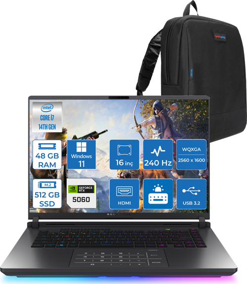 Rog Strix G16 G615JMR-S5049 Intel® Core™ I7 14650HX 48GB 512GB SSD 8GB/RTX5060 Gddr7 115W 16 Inç 2,5k (2560 x 1600, Wqxga) 240Hz 3ms WINDOWS11HOME Gaming Laptop WS5049H17+ZETTAÇANTA