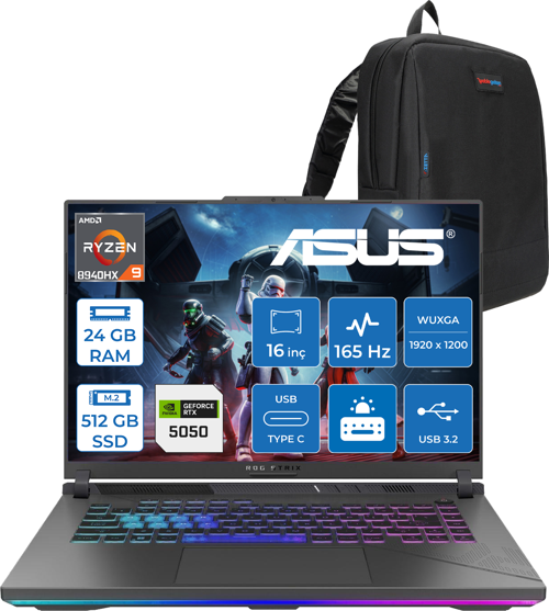 Rog Strix G16 G614PH Amd Ryzen 9 8940HX Aı 24GB GB 512GB SSD 8GB/RTX5050 Gddr7 115W 16" Wuxga 165Hz 300NİTS Freedos Taşınabilir Bilgisayar WARV057F01+ZETTAÇANTA