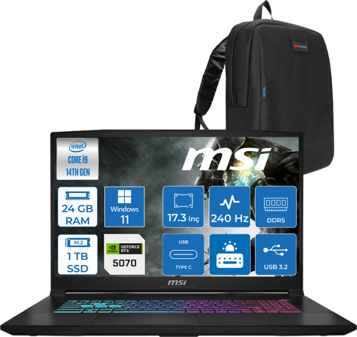 Katana 17 Hx B14WGK-048XTR 14. Nesil Intel İ9-14900HX 24GB Ddr5 1tb SSD 8GB/RTX5070 115W 17.3" Qhd (2560*1440), 240Hz IPS Windows 11 Home Gaming Bilg. W048XTRH03+ZETTAÇANTA