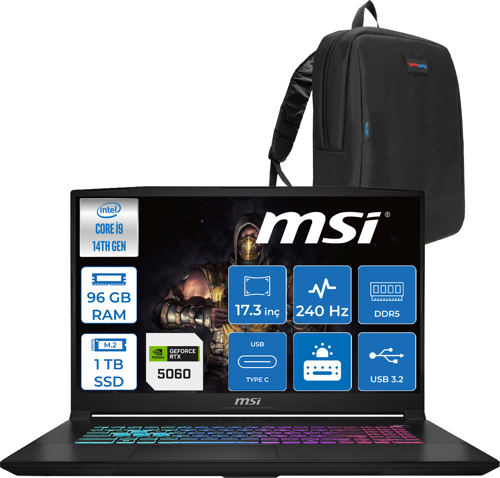 Katana 17 Hx B14WFK-217TR 14. Nesil Intel İ9-14900HX 96GB Ddr5 1tb SSD 8GB/RTX5060 115W 17.3" Qhd (2560*1440), 240Hz IPS Freedos Taşınabilir Bilgisayar. W217TRF28+ZETTAÇANTA