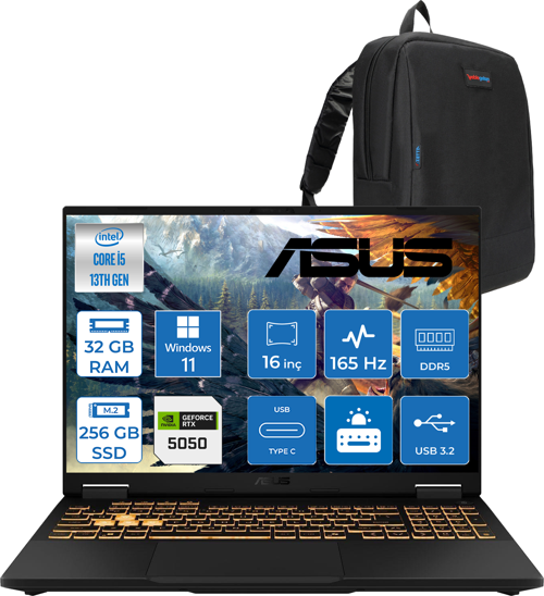 Tuf Gaming F16 FX608JH 13.nesil Intel İ5-13450HX 32GB Ddr5 256GB SSD 8GB/RTX5050 115W 165Hz 16"wuxga Fhd+ 300NITS IPS WIN11HOME Gaming Bilg. WRV082H06+ZETTAÇANTA