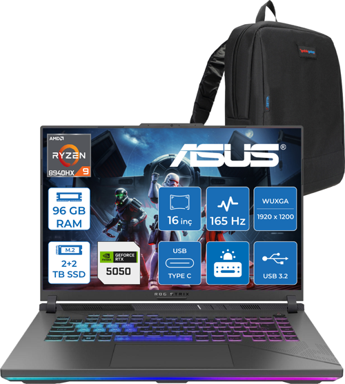 Rog Strix G16 G614PH Amd Ryzen 9 8940HX Aı 96GB GB 2tb Ssd+2tb 8GB/RTX5050 Gddr7 115W 16" Wuxga 165Hz 300NİTS Freedos Gaming Laptop WARV057F46+ZETTAÇANTA
