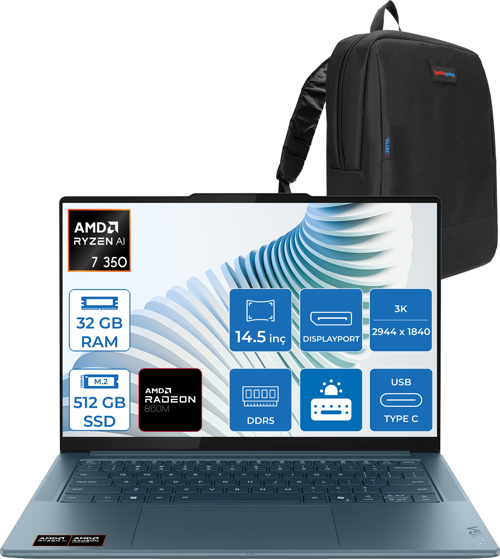 Yoga Pro 7 14AKP10 Amd Ryzen Aı 7 350 32GB Ram 512GB SSD 14.5" 3k (2944X1840) OLED 1000NITS Freedos Taşınabilir Bilgisayar YG83KG000GTRF02+ZETTAÇANTA
