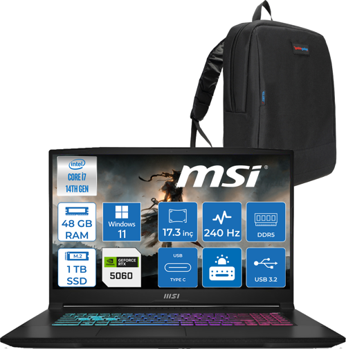 Katana 17 Hx B14WFK-215XTR 14. Nesil Intel I7-14650HX 48GB Ddr5 1tb SSD 8GB/RTX5060 115W 17.3" Qhd (2560*1440), 240Hz IPS Windows 11 Home Taşınabilir Bilgisayar. W215XTRH13+ZETTAÇANTA