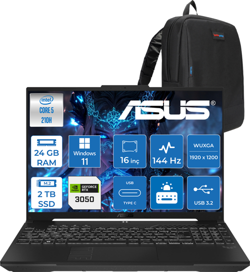 Tuf Gaming F16 FX607VJ Intel Core I5-210H 24GB 2tb SSD RTX3050 6gb 16 Inç Wuxga 144Hz IPS Windows 11 Home Gaming Notebook RL033H14 + Zetta Çanta
