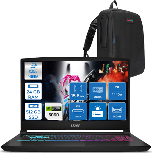 Katana 15 Hx B14WFK-449XTR 14. Nesil Intel İ7-14650HX 24GB Ddr5 512GB SSD 8GB/RTX5060 115W 15.6" Qhd 2560X1440 165Hz IPS Freedos Taşınabilir Bilgisayar. W449XTRF02+ZETTAÇANTA