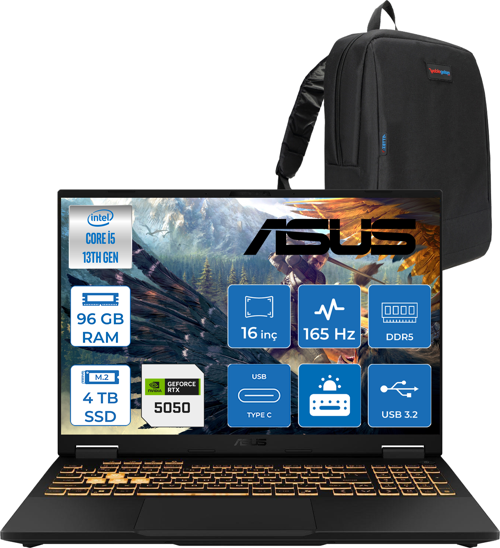 Tuf Gaming F16 FX608JH 13.nesil Intel İ5-13450HX 96GB Ddr5 4tb SSD 8GB/RTX5050 115W 165Hz 16"wuxga Fhd+ 300NITS IPS Freedos Gaming Bilg. WRV082F30+ZETTAÇANTA