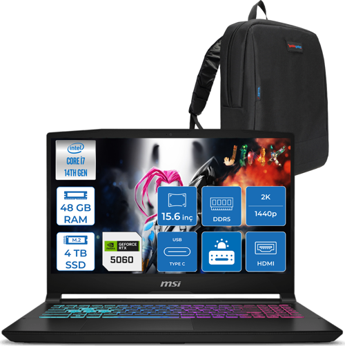 Katana 15 Hx B14WFK-449XTR 14. Nesil Intel İ7-14650HX 48GB Ddr5 4tb SSD 8GB/RTX5060 115W 15.6" Qhd 2560X1440 165Hz IPS Freedos Taşınabilir Bilgisayar. W449XTRF15+ZETTAÇANTA