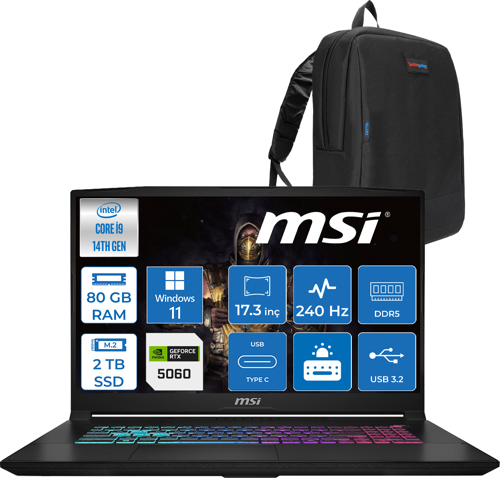 Katana 17 Hx B14WFK-217TR 14. Nesil Intel İ9-14900HX 80GB Ddr5 2tb SSD 8GB/RTX5060 115W 17.3" Qhd (2560*1440), 240Hz IPS Windows 11 Pro Taşınabilir Bilgisayar. W217TRP24+ZETTAÇANTA