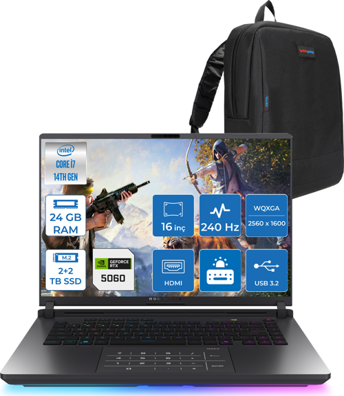 Rog Strix G16 G615JMR-S5049 Intel® Core™ I7 14650HX 24GB 2tb Ssd+2tb SSD 8GB/RTX5060 Gddr7 115W 16 Inç 2,5k (2560 x 1600, Wqxga) 240Hz 3ms Freedos Gaming Laptop WS5049F06+ZETTAÇANTA