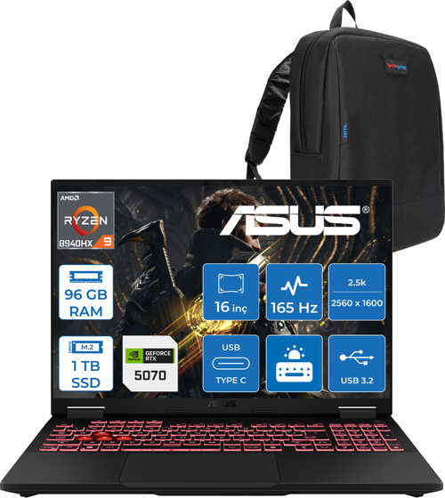 Tuf Gaming A16 FA608PP Amd Ryzen 9 8940HX Aı 96GB Ddr5 1tb SSD 8GB/RTX5070 115W 165Hz 16"wqxga 2.5k 400NITS IPS Freedos Gaming Bilg. WQT060F28+ZETTAÇANTA