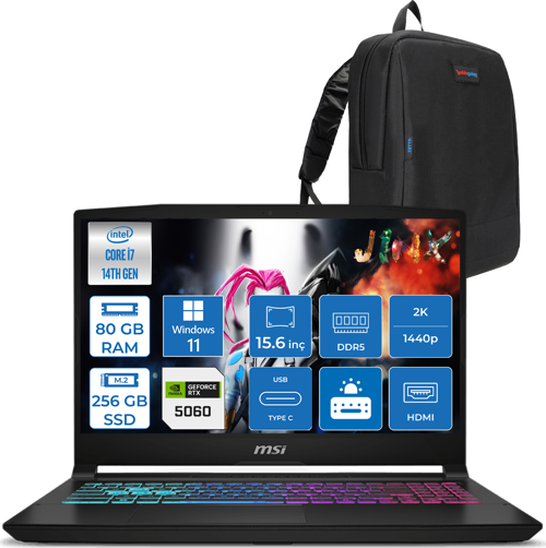 Katana 15 Hx B14WFK-449XTR 14. Nesil Intel İ7-14650HX 80GB Ddr5 256GB SSD 8GB/RTX5060 115W 15.6" Qhd 2560X1440 165Hz IPS Windows 11 Pro Taşınabilir Bilgisayar. W449XTRP21+ZETTAÇANTA