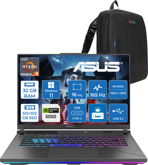 Rog Strix G16 G614PH Amd Ryzen 9 8940HX Aı 32GB GB 512GB SSD+512GB 8GB/RTX5050 Gddr7 115W 16" Wuxga 165Hz 300NİTS Windows 11 Pro Gaming Laptop WARV057P10+ZETTAÇANTA