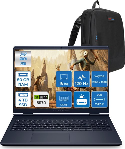 Alienware 16 Aurora Intel Core I9-270H Aı 80GB GB 4tb 8GB/RTX5070 Gddr7 115W 16" 2.5k 2560 x 1600 Wqxga 120Hz Freedos Taşınabilir Bilgisayar WAC16250-C932157F39+ZETTAÇANTA