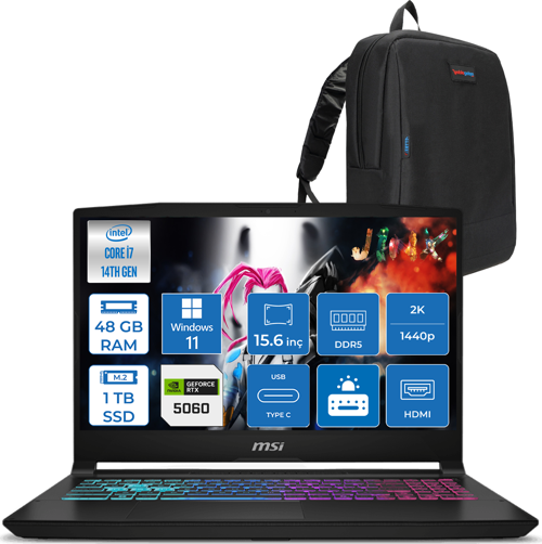 Katana 15 Hx B14WFK-449XTR 14. Nesil Intel İ7-14650HX 48GB Ddr5 1tb SSD 8GB/RTX5060 115W 15.6" Qhd 2560X1440 165Hz IPS Windows 11 Home Taşınabilir Bilgisayar. W449XTRH13+ZETTAÇANTA