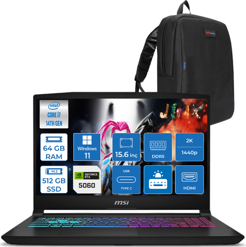 Katana 15 Hx B14WFK-449XTR 14. Nesil Intel İ7-14650HX 64GB Ddr5 512GB SSD 8GB/RTX5060 115W 15.6" Qhd 2560X1440 165Hz IPS Windows 11 Home Taşınabilir Bilgisayar. W449XTRH17+ZETTAÇANTA
