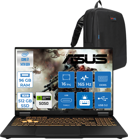 Tuf Gaming F16 FX608JHR 14. Nesil Intel I7-14650HX 96GB Ddr5 512GB SSD 8GB/RTX5050 115W 165Hz 16"wuxga Fhd+ 300NITS IPS Freedos Gaming Bilg. WRV055F27+ZETTAÇANTA