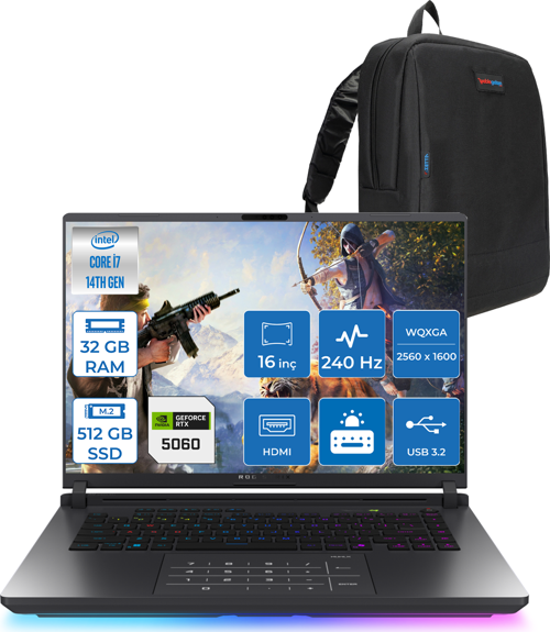 Rog Strix G16 G615JMR-S5049 Intel® Core™ I7 14650HX 32GB 512GB SSD 8GB/RTX5060 Gddr7 115W 16 Inç 2,5k (2560 x 1600, Wqxga) 240Hz 3ms Freedos Gaming Laptop WS5049F09+ZETTAÇANTA