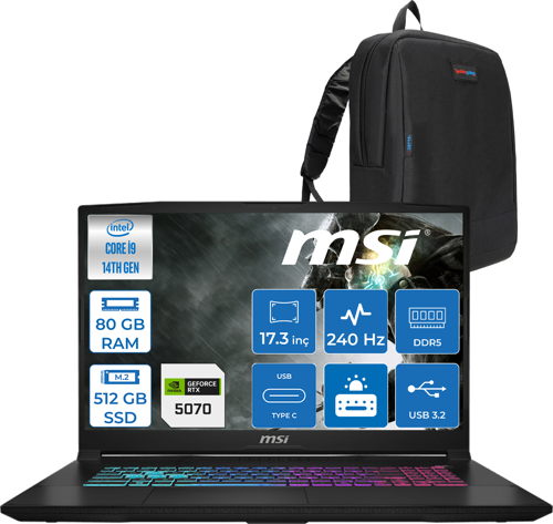 Katana 17 Hx B14WGK-048XTR 14. Nesil Intel İ9-14900HX 80GB Ddr5 512GB SSD 8GB/RTX5070 115W 17.3" Qhd (2560*1440), 240Hz IPS Freedos Gaming Bilg. W048XTRF22+ZETTAÇANTA