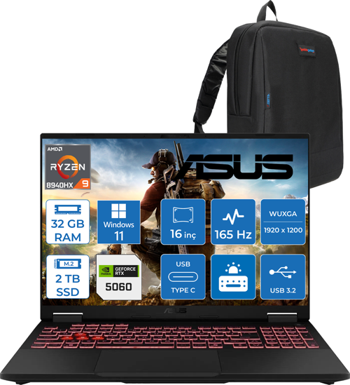 Tuf Gaming A16 FA608PM-RV026 Amd Ryzen 9 8940HX Aı 32GB Ddr5 2tb SSD RTX5060-8GB 115W 165Hz 16"wuxga IPS Windows 11 Hom Taşınabilir Bilgisayar WRV026H09+ZETTAÇANTA
