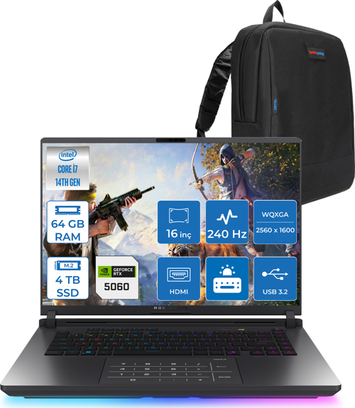 Rog Strix G16 G615JMR-S5049 Intel® Core™ I7 14650HX 64GB 4tb SSD 8GB/RTX5060 Gddr7 115W 16 Inç 2,5k (2560 x 1600, Wqxga) 240Hz 3ms Freedos Gaming Laptop WS5049F31+ZETTAÇANTA