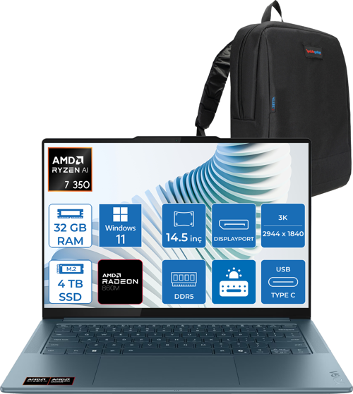 Yoga Pro 7 14AKP10 Amd Ryzen Aı 7 350 32GB Ram 4tb SSD 14.5" 3k (2944X1840) OLED 1000NITS WIN11PRO Taşınabilir Bilgisayar YG83KG000GTRP05+ZETTAÇANTA