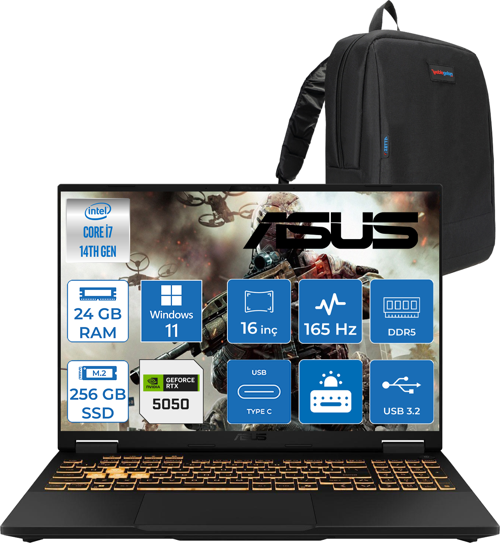 Tuf Gaming F16 FX608JHR 14. Nesil Intel I7-14650HX 24GB Ddr5 256GB SSD 8GB/RTX5050 115W 165Hz 16"wuxga Fhd+ 300NITS IPS WIN11HOME Gaming Bilg. WRV055H01+ZETTAÇANTA