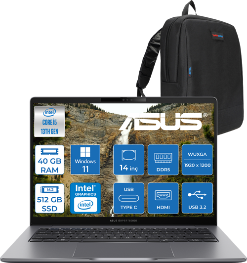 Expertbook P3 P3405CVA Intel Core I5-13420H 40GB Ddr5 512GB SSD Windows 11 Pro 14" 300NITS Wuxga Intel UHD Taşınabilir Bilgisayar WP3405CVAP037+ZETTAÇANTA