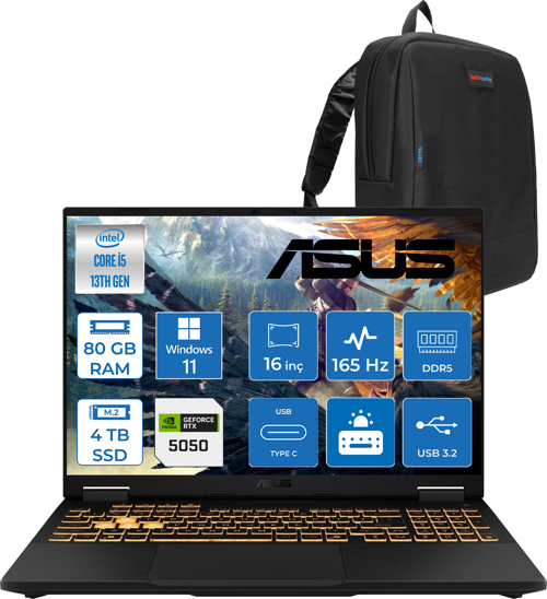 Tuf Gaming F16 FX608JH 13.nesil Intel İ5-13450HX 80GB Ddr5 4tb SSD 8GB/RTX5050 115W 165Hz 16"wuxga Fhd+ 300NITS IPS WIN11HOME Gaming Bilg. WRV082H25+ZETTAÇANTA