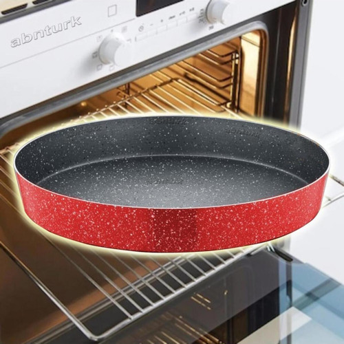 N38 Ultra Lüks Kalite ⌀38Cm Yuvarlak Granit Fırın Tepsisi İçi 4 Kat Teflon®Granit Dışı Silikon Kaplı