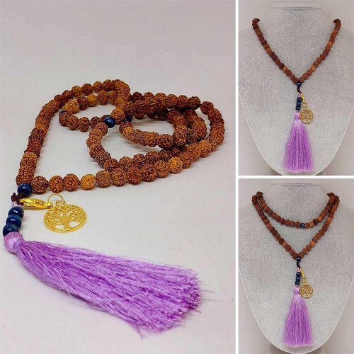 Rudraksha Tohumlu Mor Püsküllü Yaşam Ağacı Aparatlı 108'lik Tibet Stili El Yapımı Mala Kolye