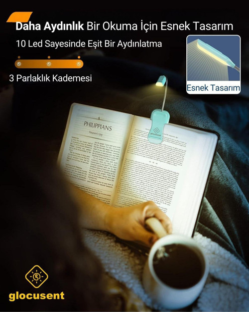 Glocusent Şarjlı Led Masa, Kitap Lambası Çalışma, Okuma, Tamirci Ergonomik Esnek Şarjlı Type C Mavi 2