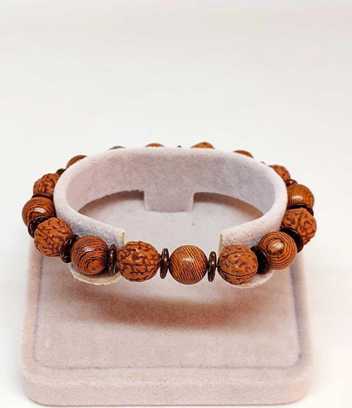 Hindistan Cevizi, Rudraksha & Venge Unisex 10mm Ahşap Tasarım Bileklik (39670)