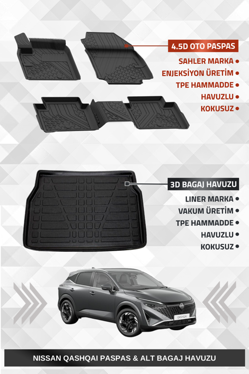 Qashqai 2024+ Benzinli Uyumlu 4.5D Premium Havuzlu Oto Paspas ve Liner Marka 3D ALT Bagaj Havuzu