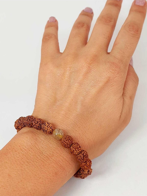 Gold Beril Taşlı Rudraksha Tohum Unisex Bileklik 8mm