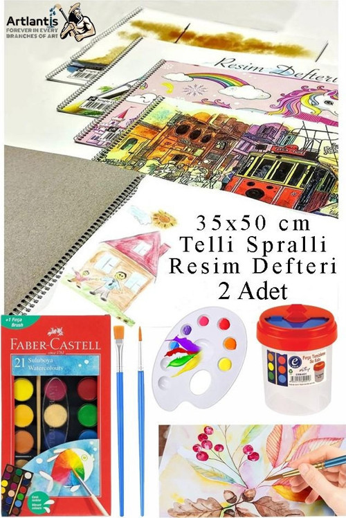 21 Renk Sulu Boya 35x50 cm Telli Spralli Resim Defteri Resim Paleti Resim Fırçası Temizleme Kabı Suluboya Okul Öğrenci