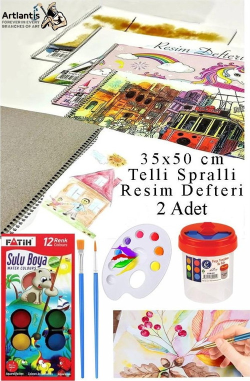 12 Renk Fatih Sulu Boya 35x50 cm Telli Spralli Resim Defteri Resim Paleti Resim Fırçası Temizleme Kabı Suluboya Okul