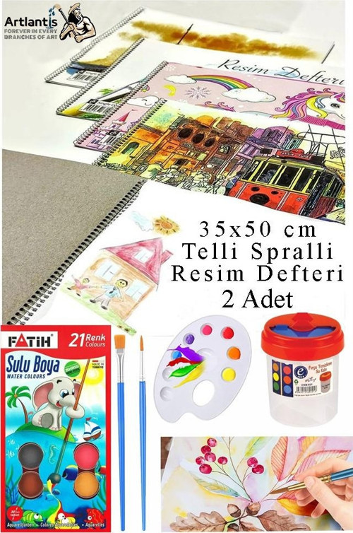 21 Renk Fatih Sulu Boya 35x50 cm Telli Spralli Resim Defteri Resim Paleti Resim Fırçası Temizleme Kabı Suluboya Okul
