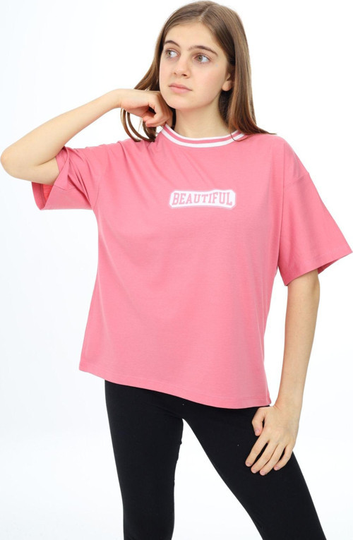 Angelos Gırls Kız Çocuk Yaka Ribanalı Yazı Baskılı T-Shirt 9-14 Yaş Lx5020