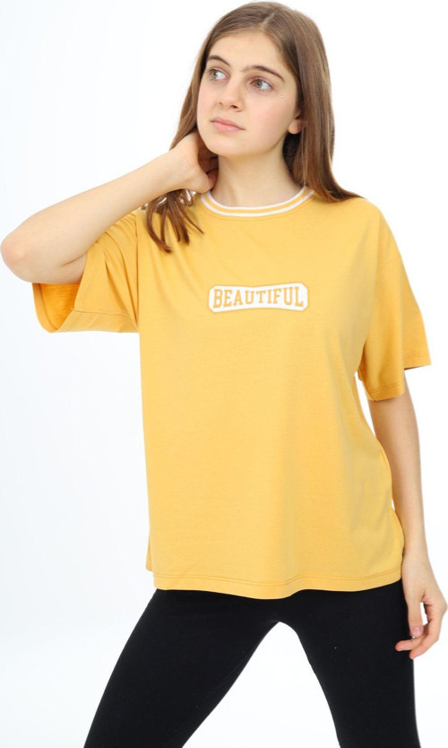 Angelos Gırls Kız Çocuk Yaka Ribanalı Yazı Baskılı T-Shirt 9-14 Yaş Lx5020