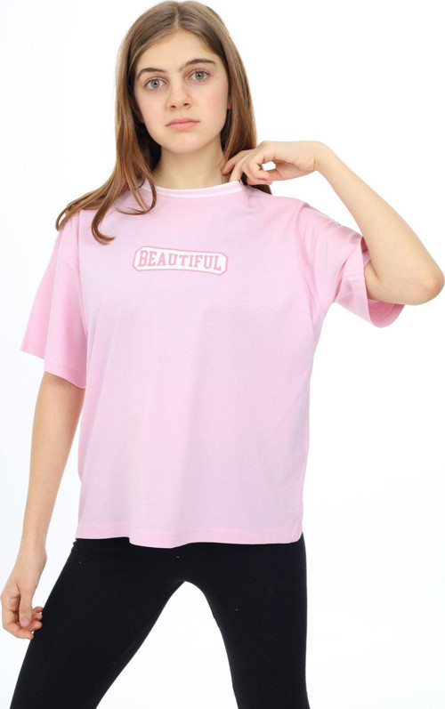 Angelos Gırls Kız Çocuk Yaka Ribanalı Yazı Baskılı T-Shirt 9-14 Yaş Lx5020