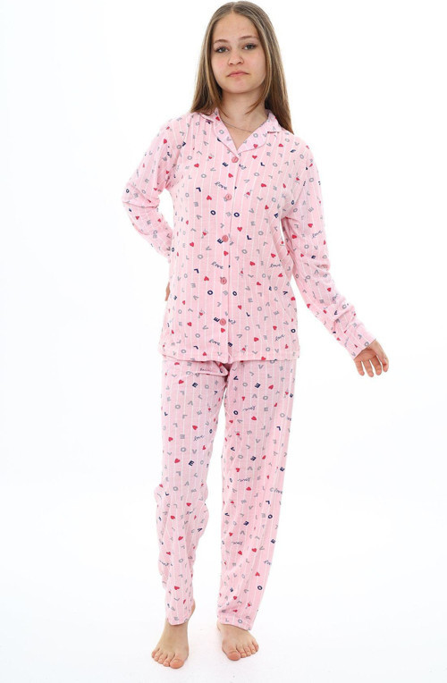 Angelos Gırls Kız Çocuk Love Baskılı-Çizgi Desenli Pijama Takımı 7-16 Yaş 0157